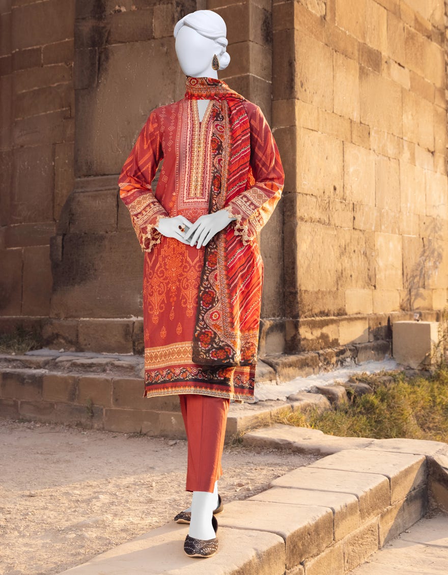 Red Cambric Unstitched 3 Piece Dress | Jjls-S-Jpus-23-562