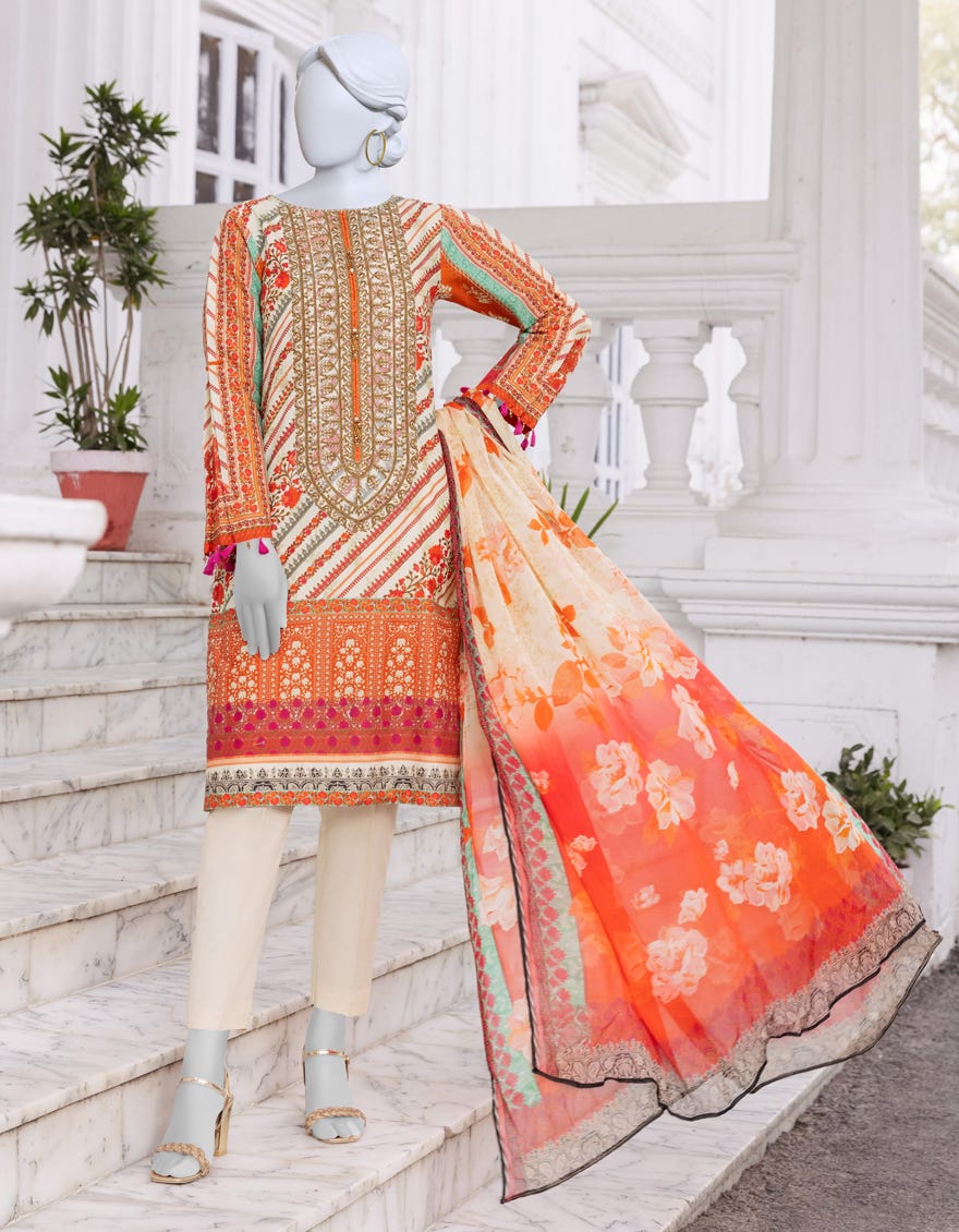 Orange Cambric 3 Piece Stitched Dress | Jjpw-S-Jpws-23-563
