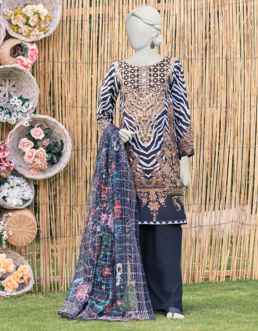 Black-White Cambric 3 Piece Stitched Dress | Jjpw-S-Jpws-23-582