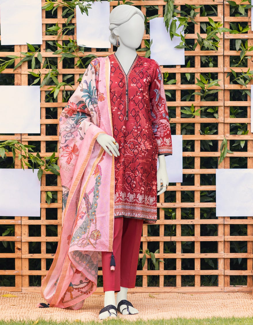 Maroon Cambric 3 Piece Stitched Dress | Jjpw-S-Jpws-23-585