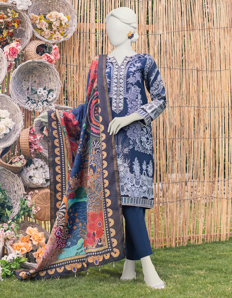 Blue Cambric 3 Piece Stitched Dress | Jjpw-S-Jpws-23-588