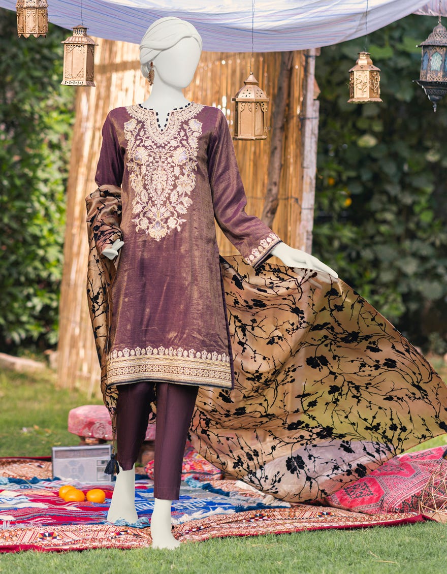 Red Net 3 Piece Stitched Dress | Jjpw-S-Jpws-23-595