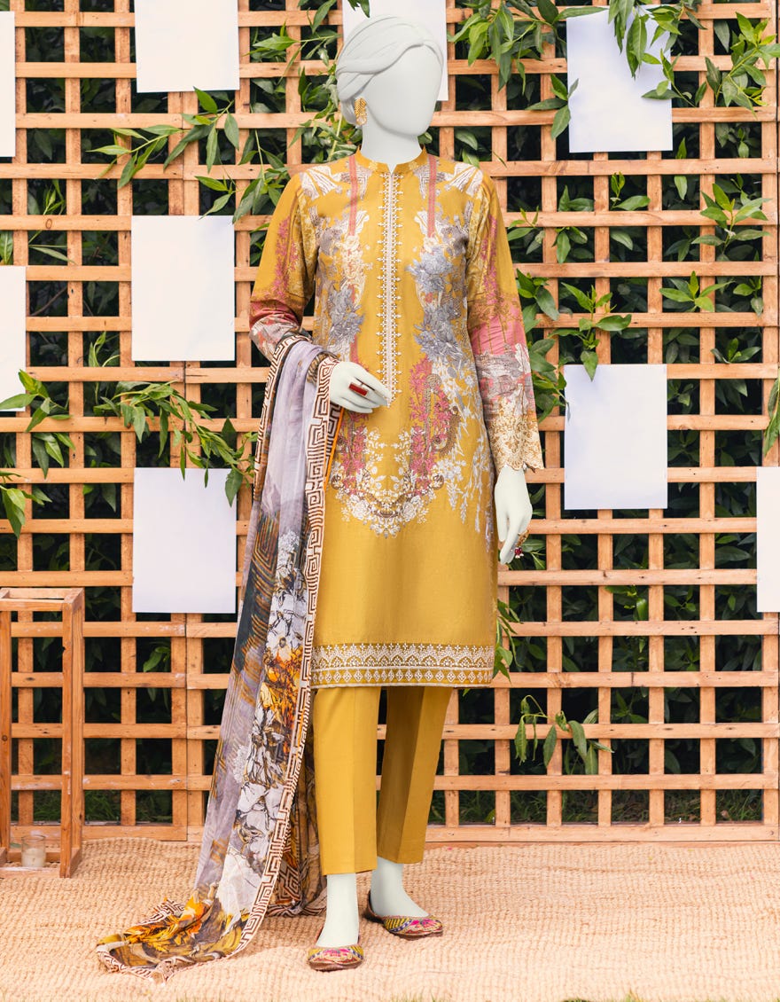 Yellow Cambric 3 Piece Stitched Dress | Jjpw-S-Jpws-23-604