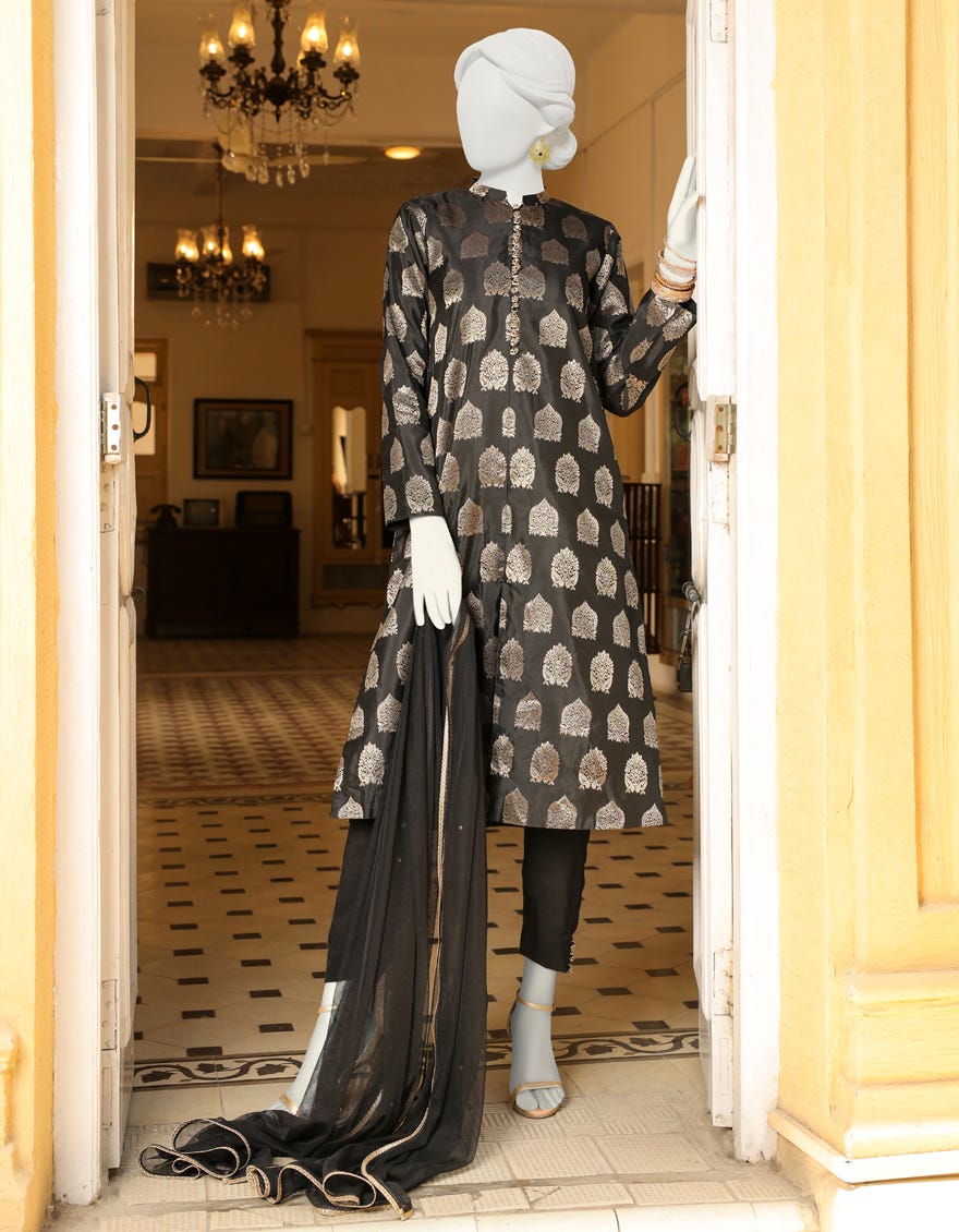 Black Jacquard 3 Piece Stitched Dress | Jjpw-S-Jpws-23-615