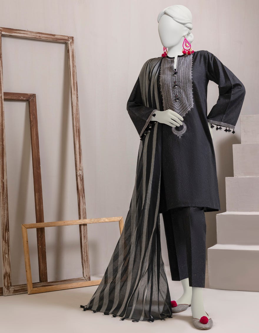 Black Textured Unstitched 3 Piece Dress | Jjls-S-Jpwu-23-029