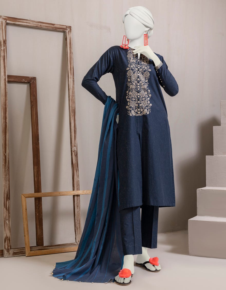 Blue Textured Unstitched 3 Piece Dress | Jjls-S-Jpwu-23-032