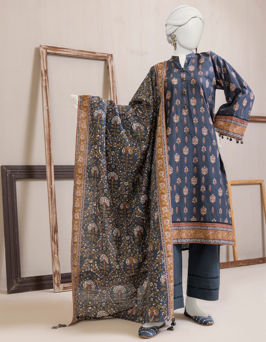 Blue Khaddar Unstitched 3 Piece Dress | Jjls-S-Jpwu-23-038