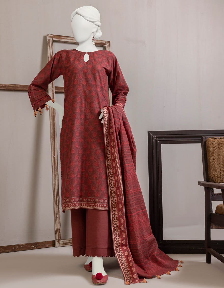 Red Khaddar Unstitched 3 Piece Dress | Jjls-S-Jpwu-23-039
