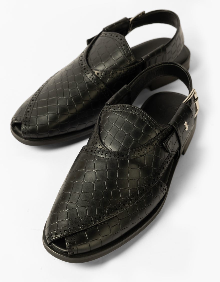 BLACK TEXTURED PESHAWARI SANDALS