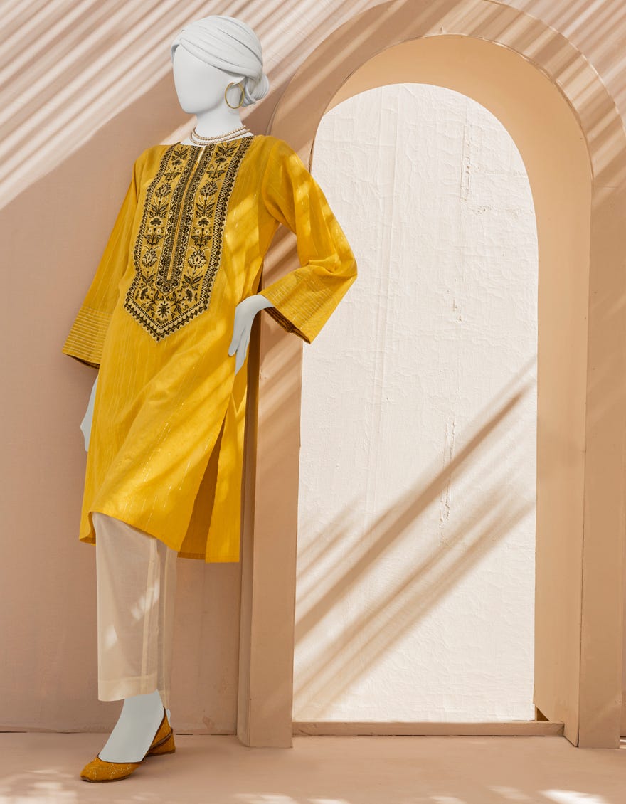 Yellow Jacquard Women's Kurti | Jjlk-S-Jss-23-350