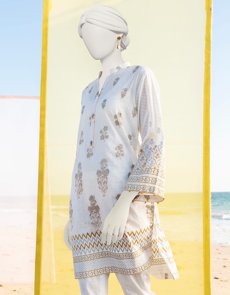 White Gold-Silver Lawn Women's Kurti | Jjlk-S-Jss-23-361