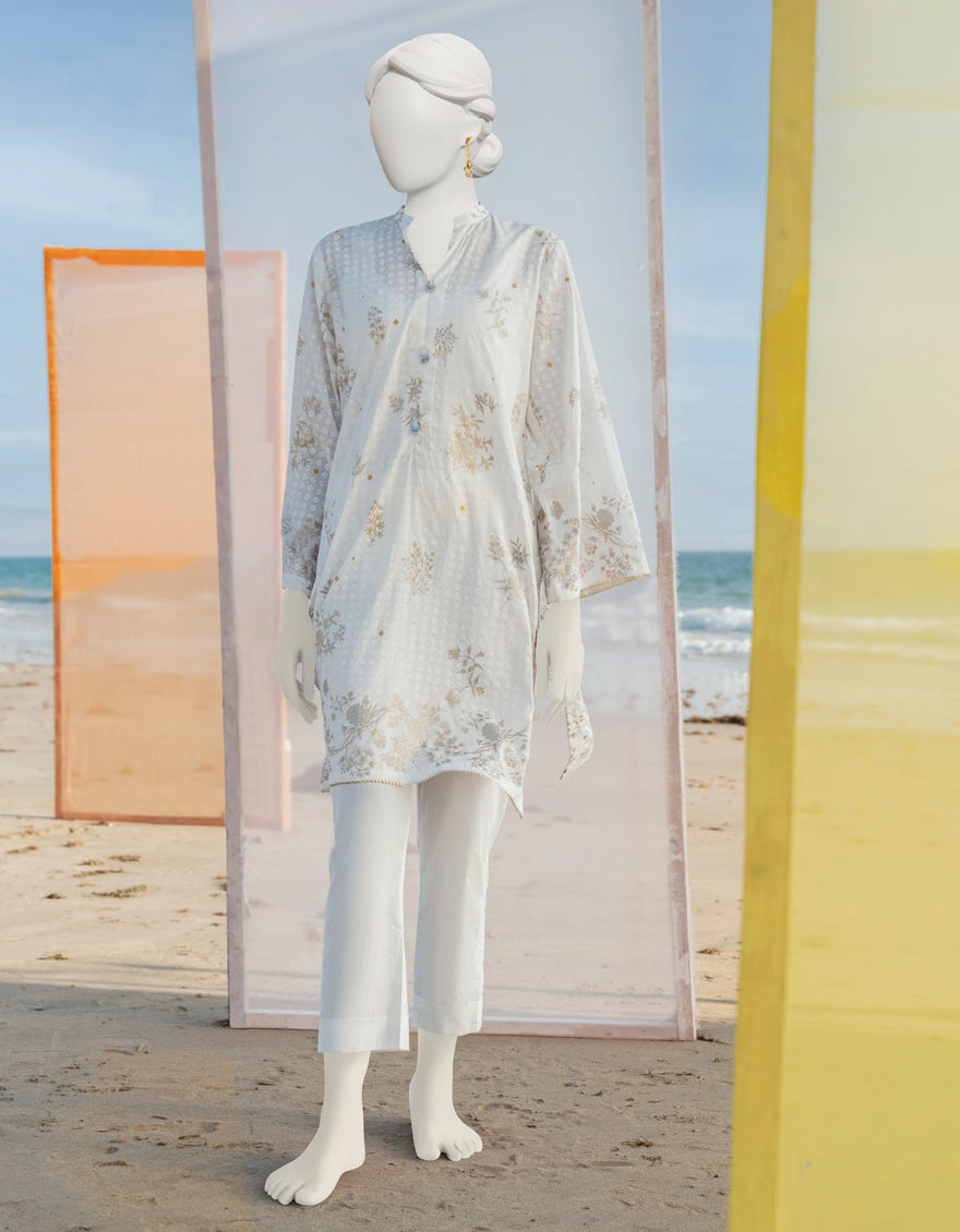 White Gold-Silver Lawn Women's Kurti | Jjlk-S-Jss-23-364