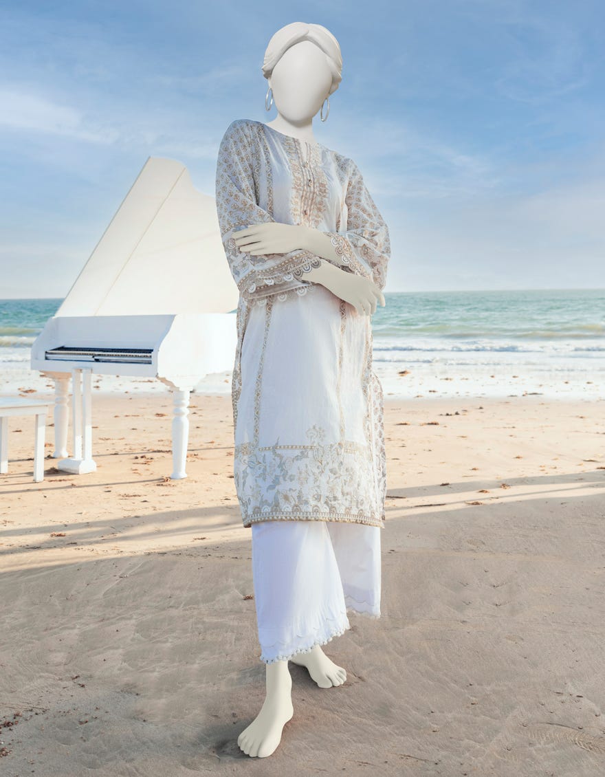 White Gold-Silver Lawn Women's Kurti | Jjlk-S-Jss-23-366