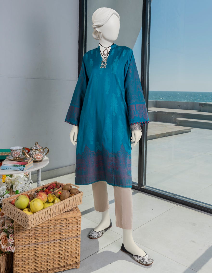 Teal Green Jacquard Women's Kurti | Jjlk-S-Jss-23-372