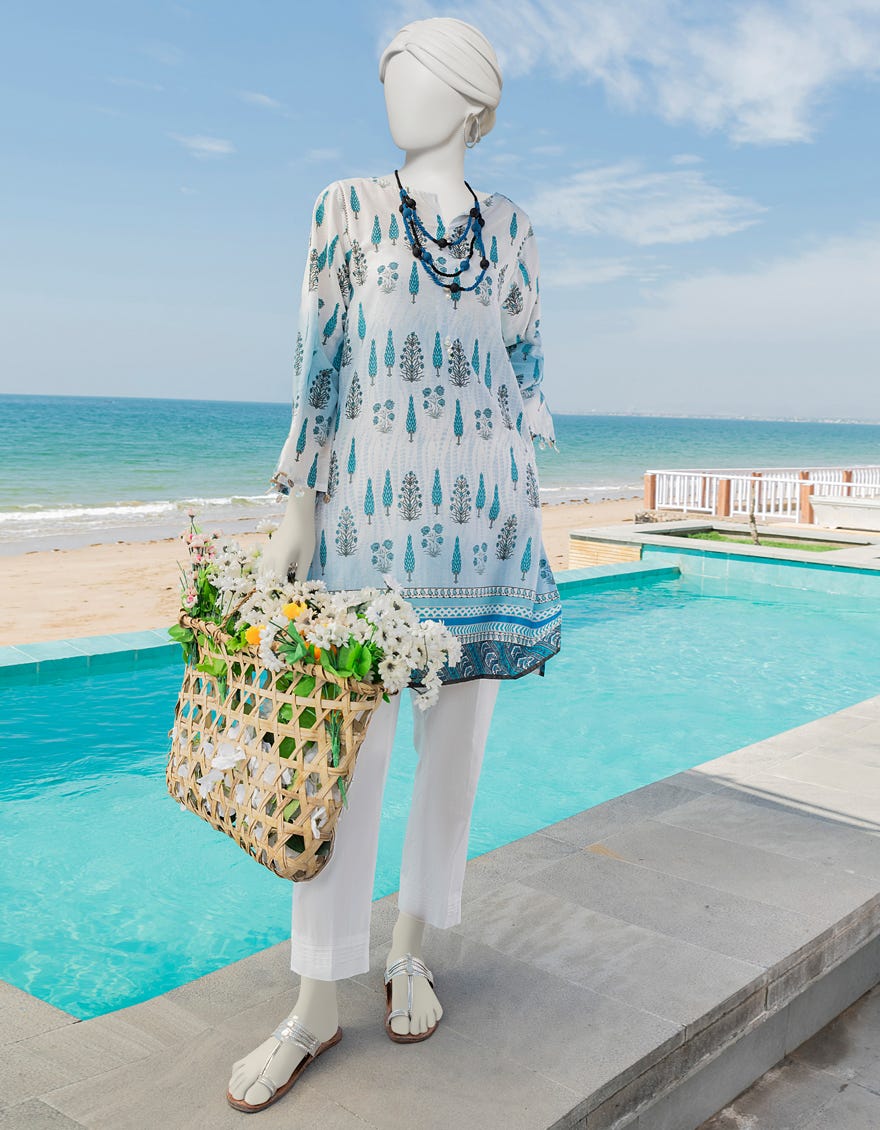 White-Blue Lawn Women's Kurti | Jjlk-S-Jss-23-382