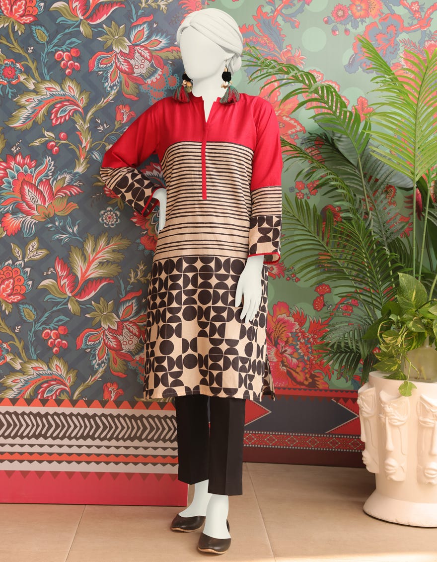 Black-Red Lawn Women's Kurti | Jjlk-S-Jss-24-313