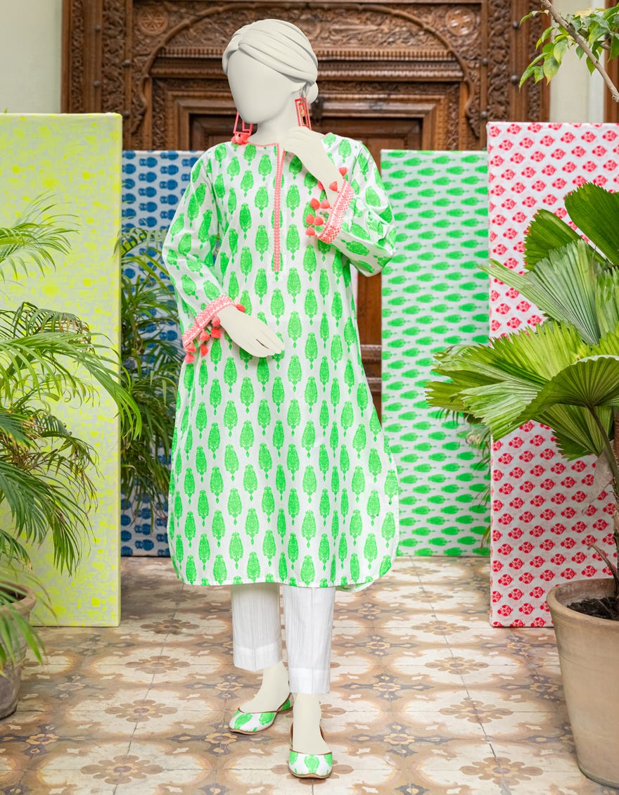 Green-White Lawn Women's Kurti | Jjlk-S-Jss-24-323
