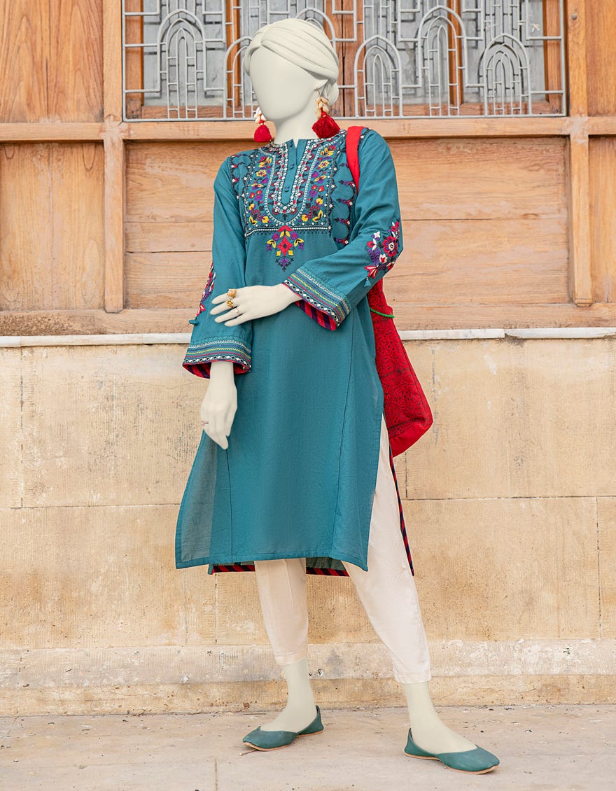 Teal Textured Women's Kurti | Jjlk-S-Jss-24-434