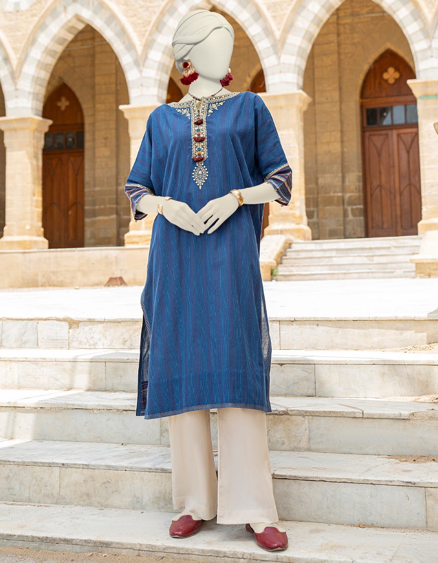 Blue Cotton Jacquard Women's Kurti | Jjlk-S-Jss-24-440