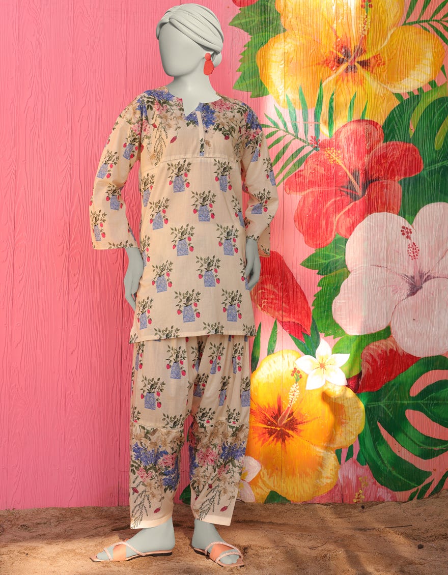 CREAM LAWN PRINTED KURTA