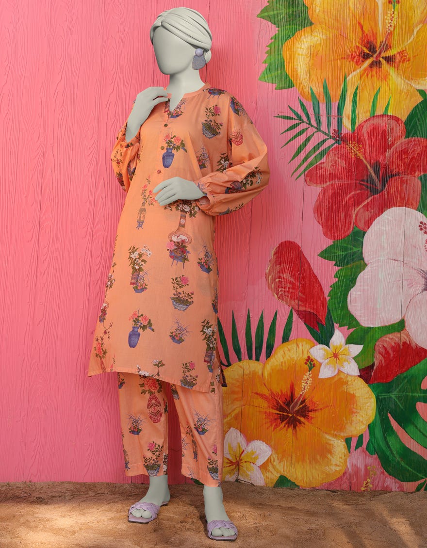PEACH LAWN PRINTED KURTA