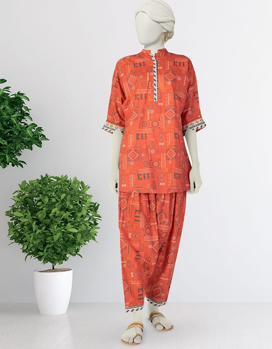 RED PRINTED LAWN KURTA