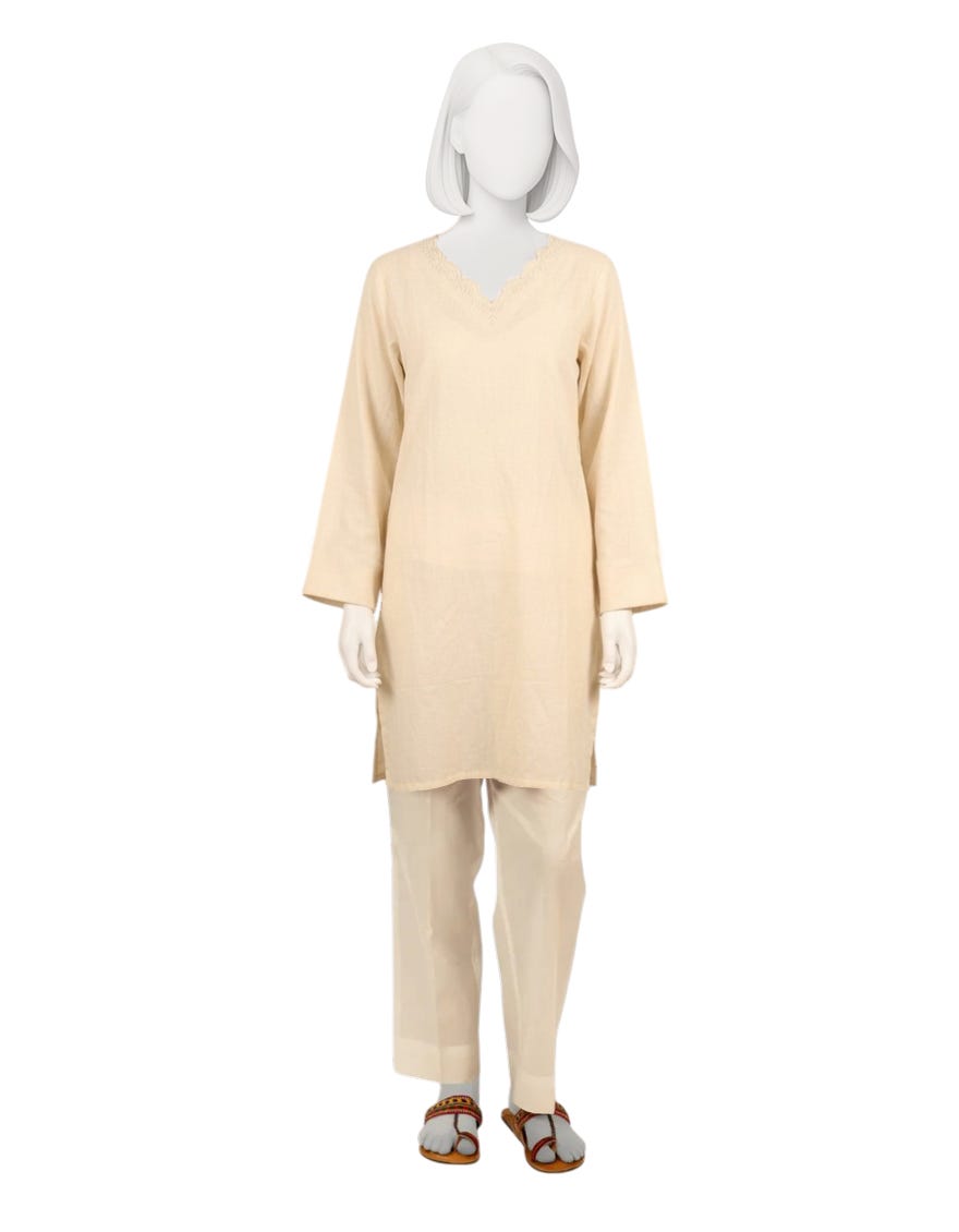 OFF WHITE DOBBY EMBROIDERED KURTA