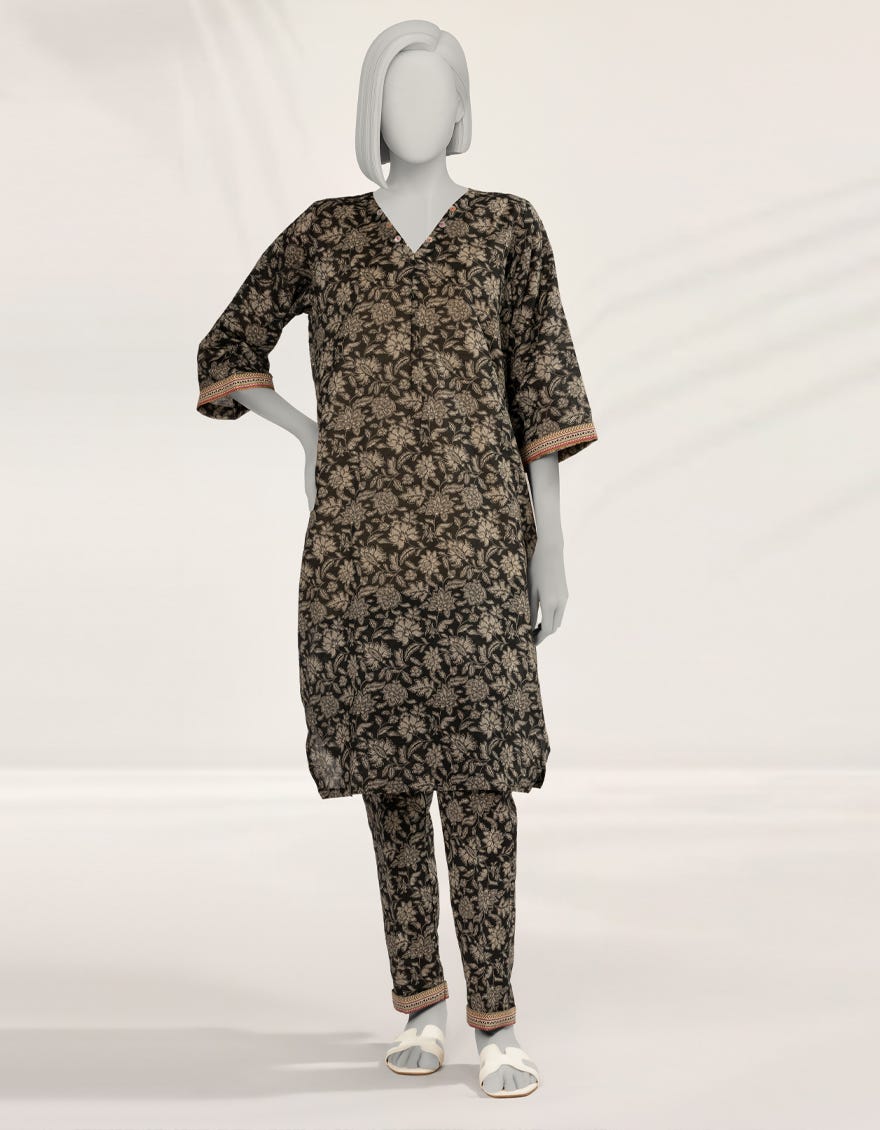 BLACK PRINTED LAWN KURTA
