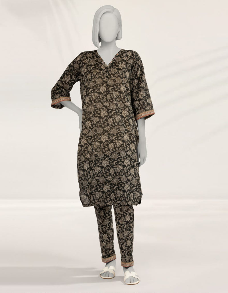 BLACK PRINTED LAWN KURTA