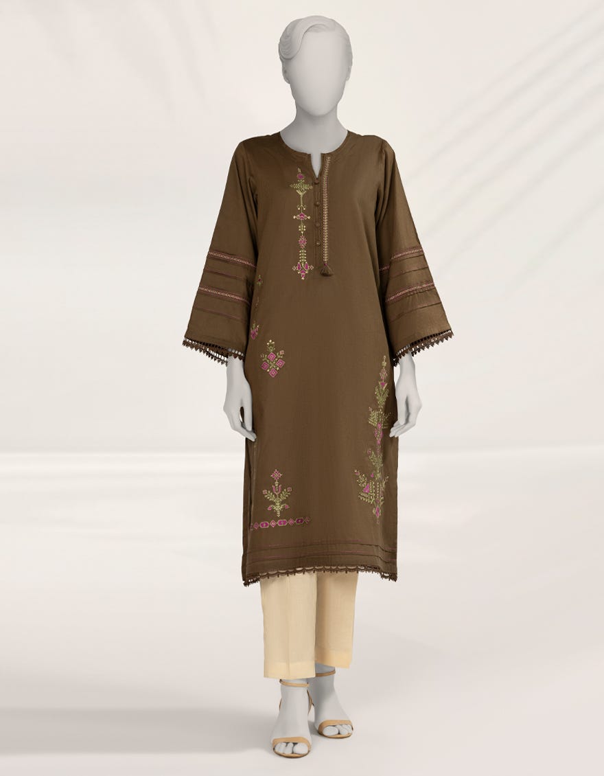 BROWN EMBROIDERED DOBBY KURTA