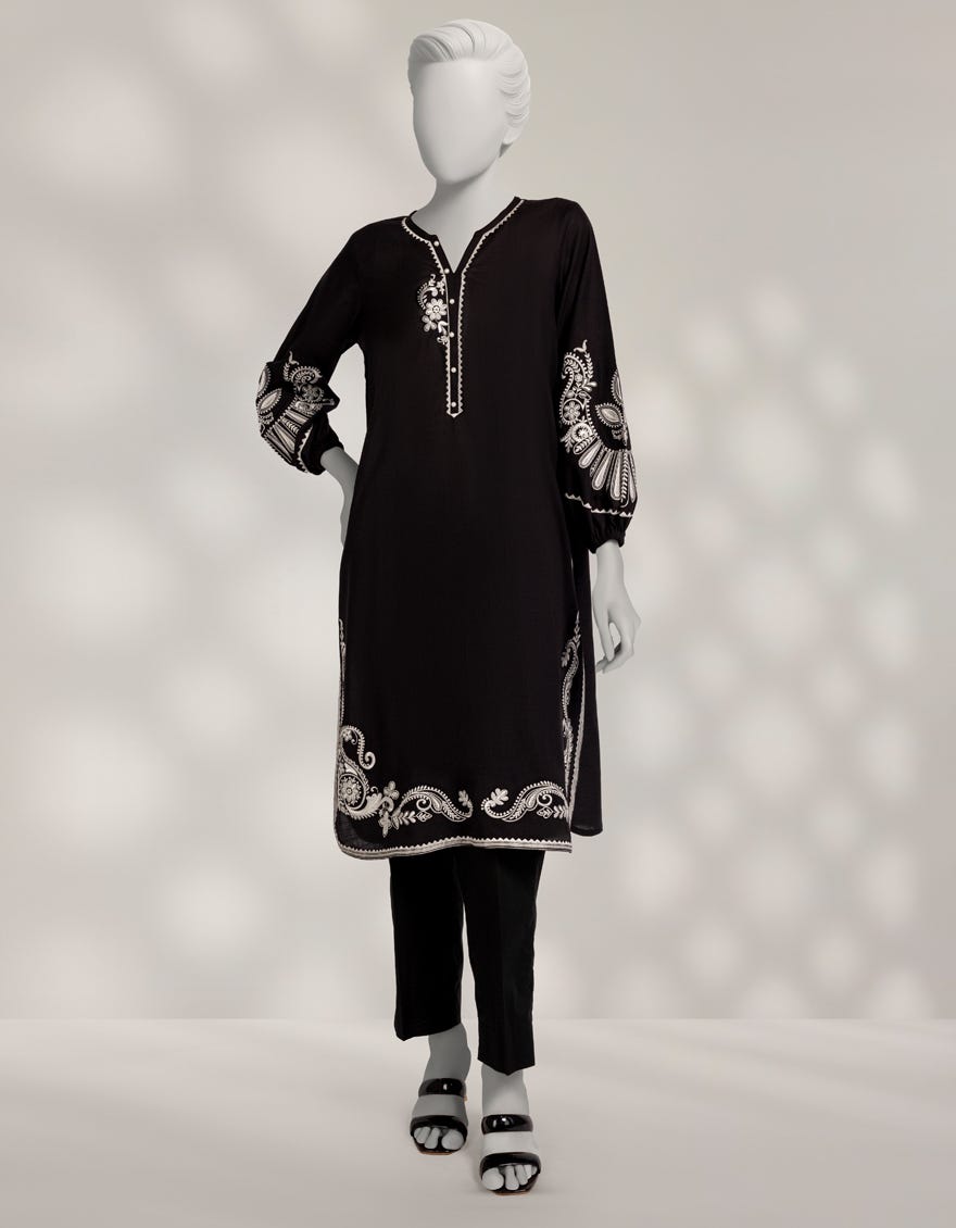 BLACK DOBBY EMBROIDERED KURTA