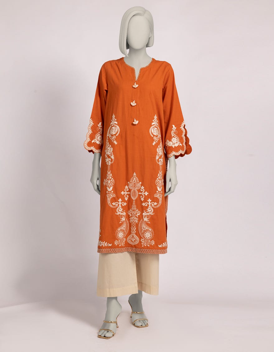 ORANGE DOBBY EMBROIDERED KURTA