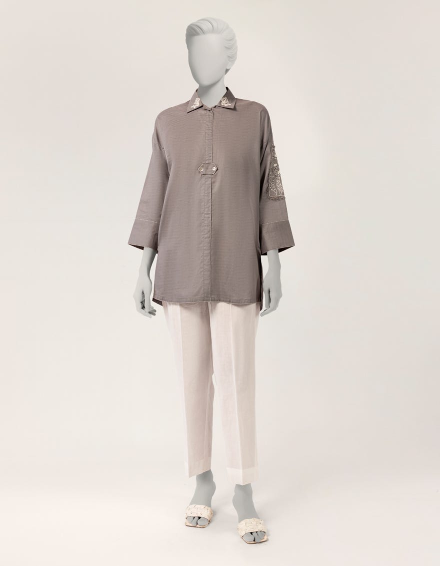 GREY DOBBY EMBROIDERED KURTA