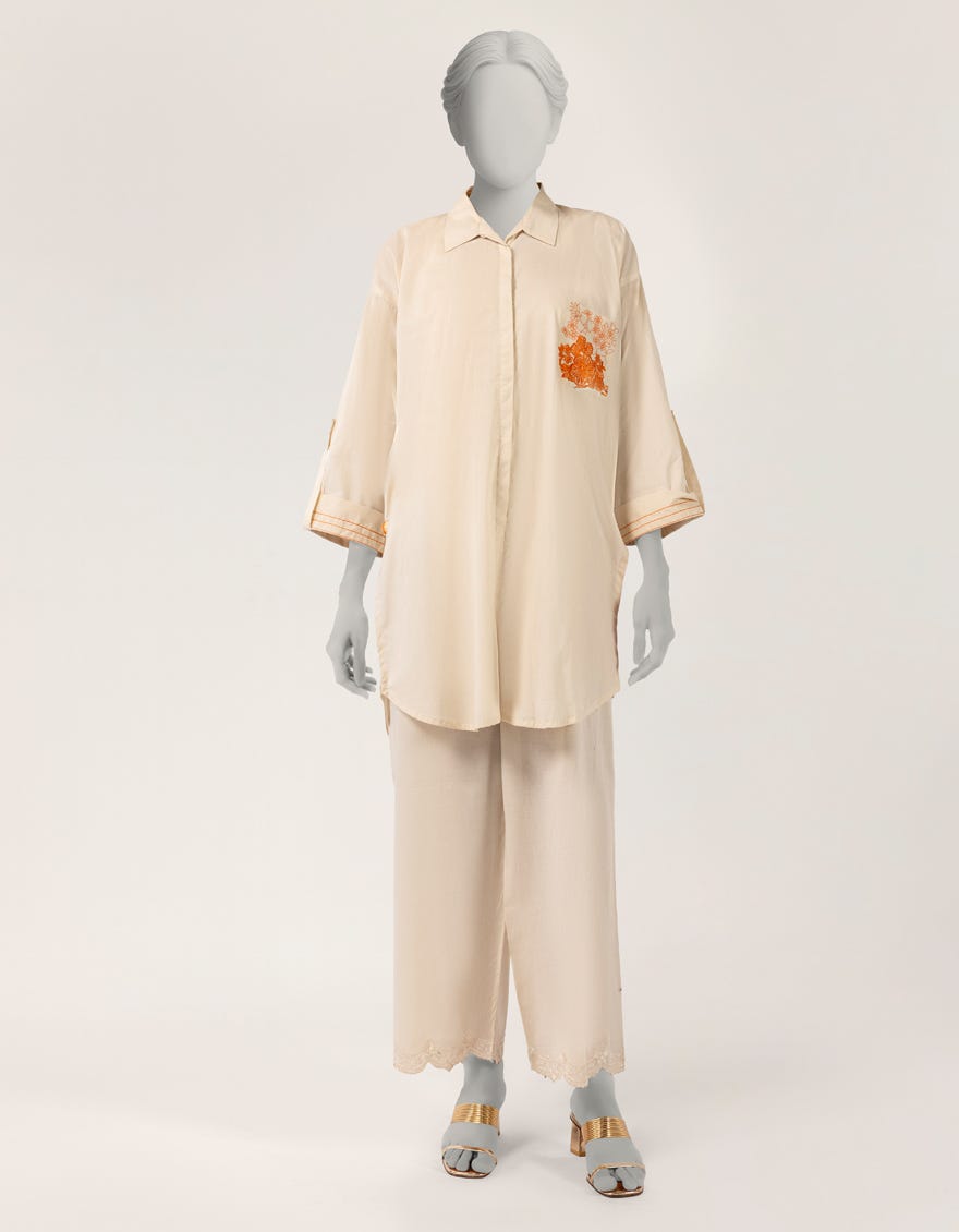 OFF WHITE DOBBY EMBROIDERED KURTA
