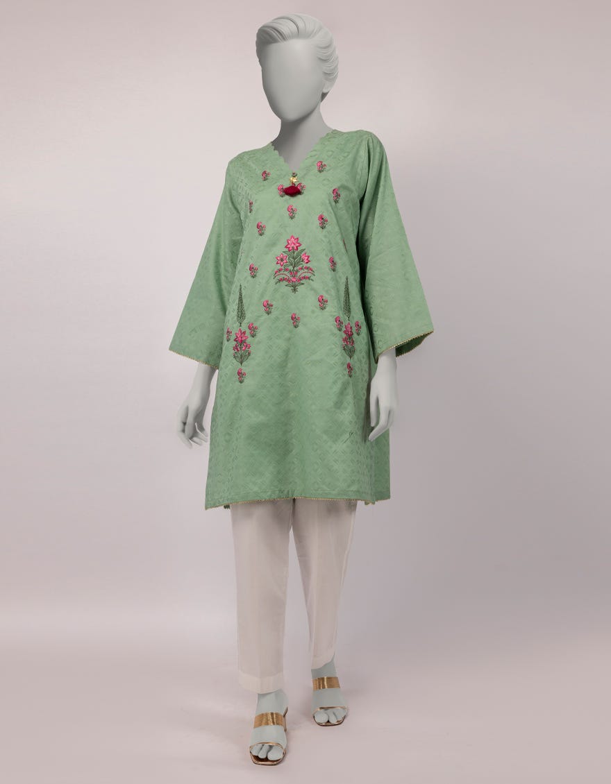 GREEN DOBBY EMBROIDERED KURTA