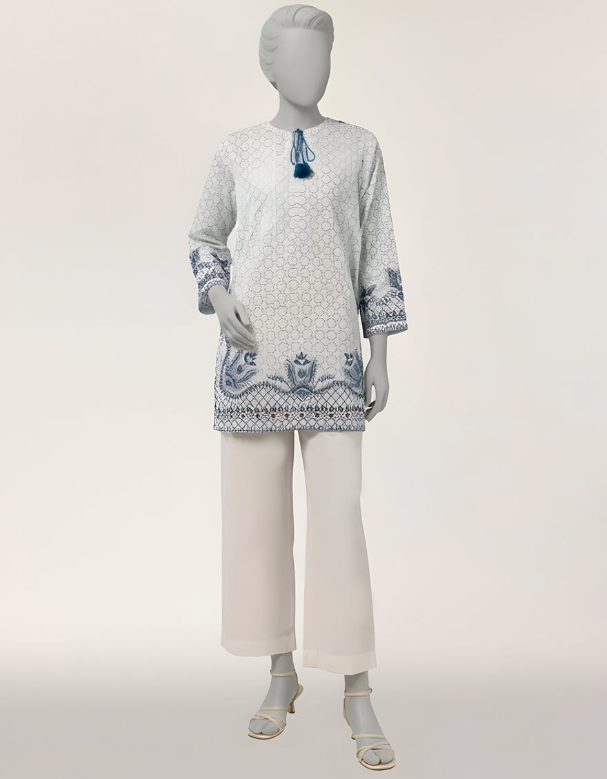 WHITE LAWN EMBROIDERED KURTA