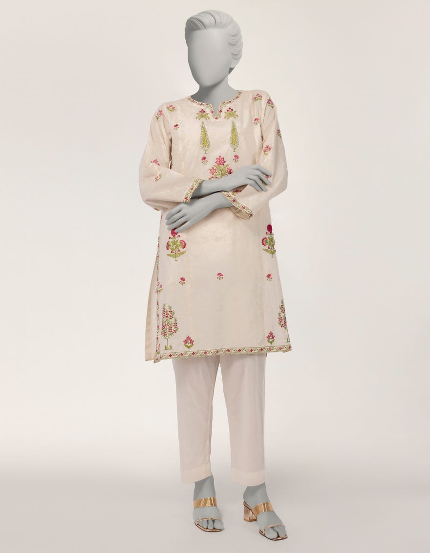 OFF WHITE DOBBY EMBROIDERED KURTA