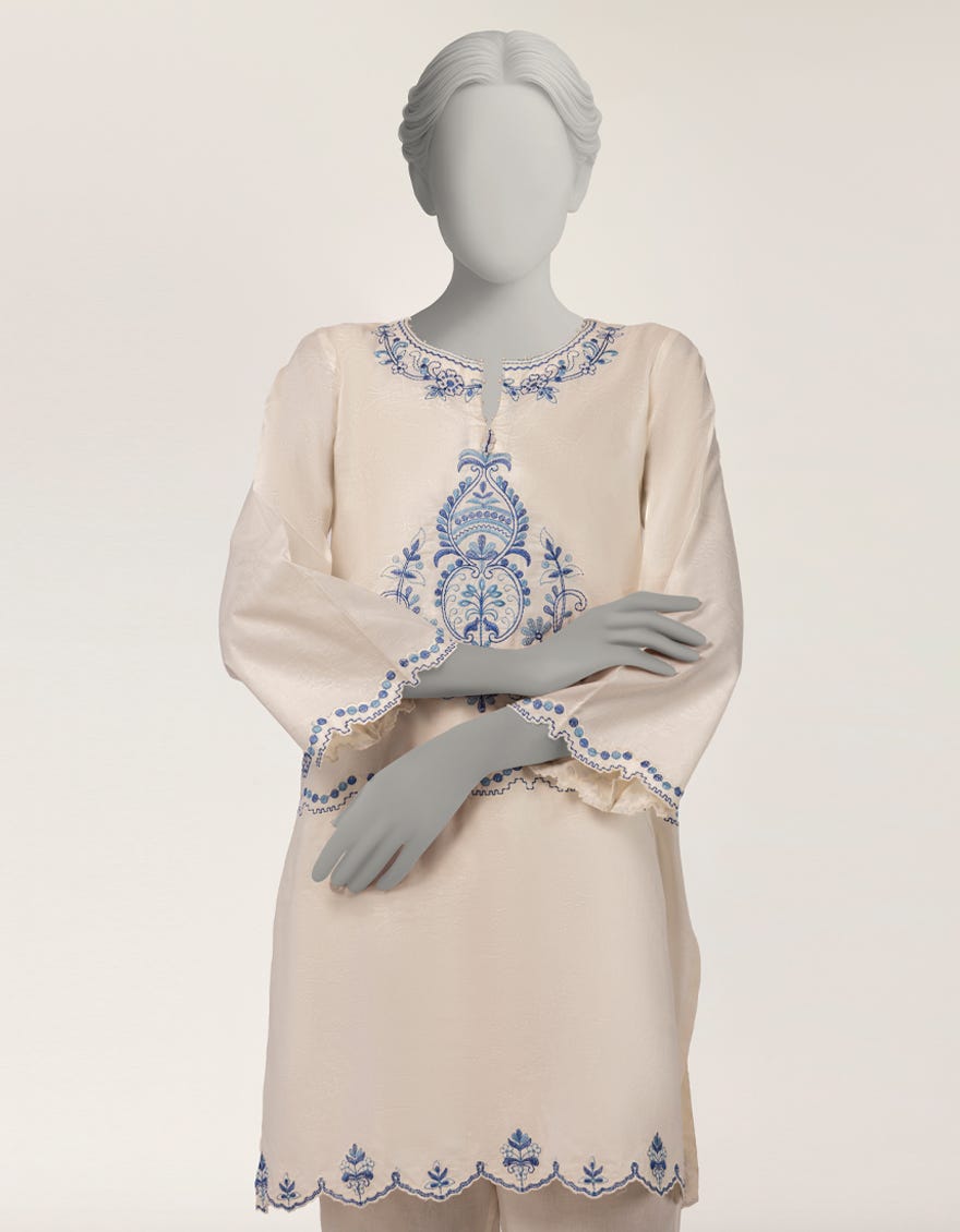 OFF WHITE DOBBY EMBROIDERED KURTA