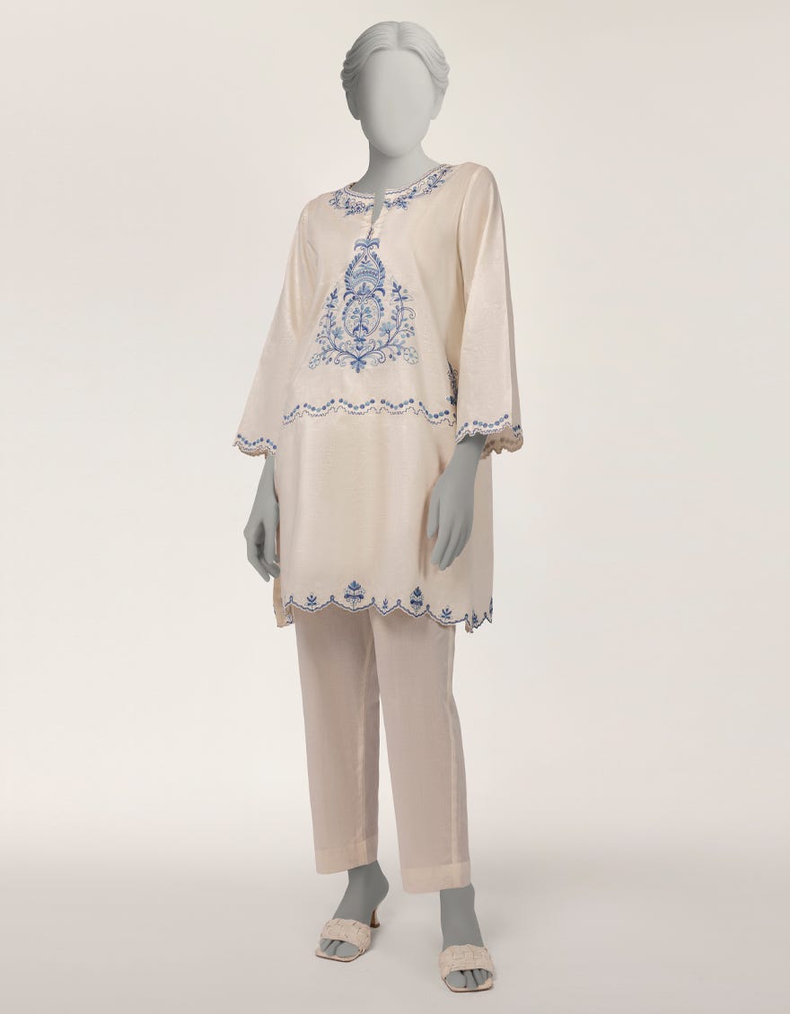 OFF WHITE DOBBY EMBROIDERED KURTA
