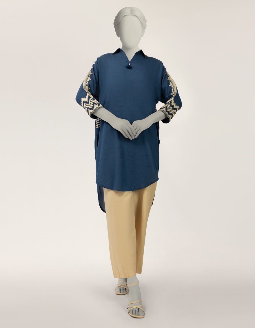 BLUE DOBBY EMBROIDERED KURTA