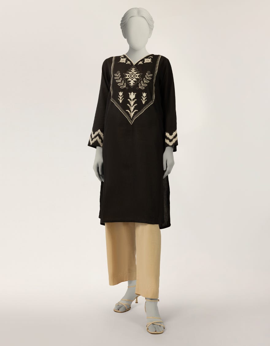 BLACK DOBBY EMBROIDERED KURTA