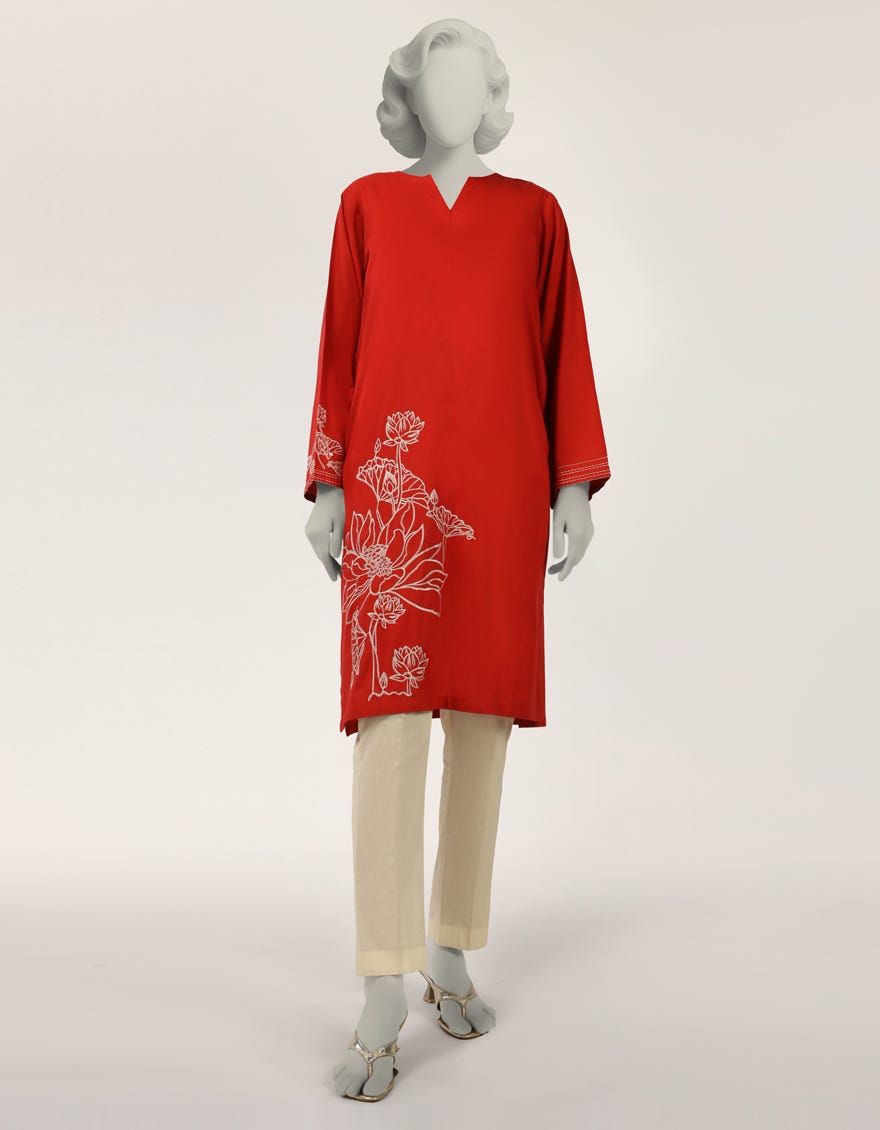 RED LAWN EMBROIDERED KURTA