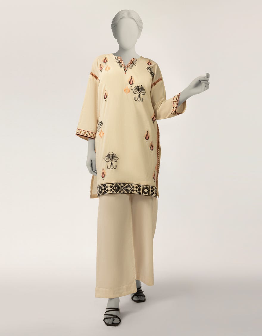 OFF WHITE LAWN EMBROIDERED KURTA