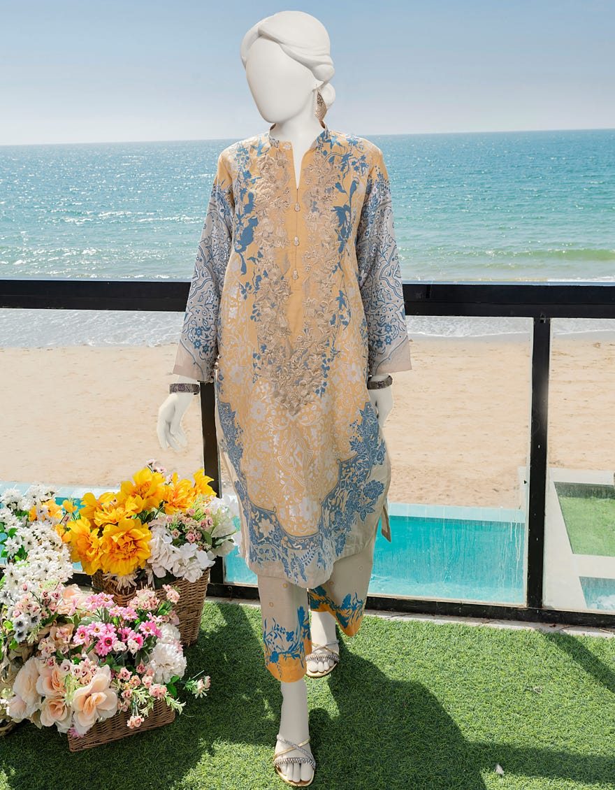 Beige Jacquard 2 Piece Stitched Dress | Jlawn-S-Jst-23-1649