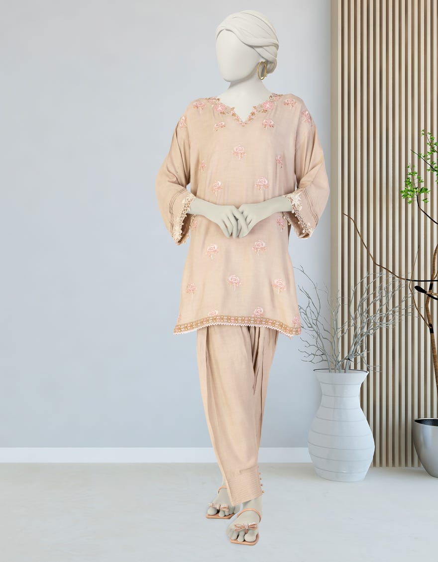 BEIGE MAPLE SILK EMBROIDERED CO-ORD SET