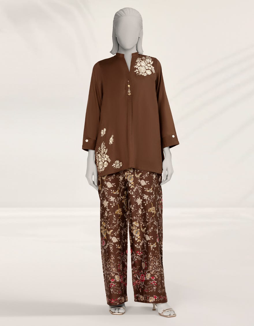 BROWN EMBROIDERED DOBBY CO-ORD SET