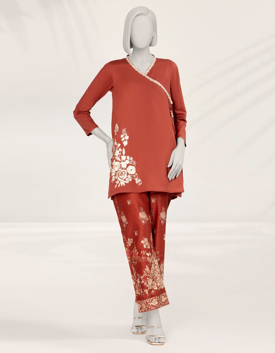RED EMBROIDERED TEXTURED CO-ORD SET
