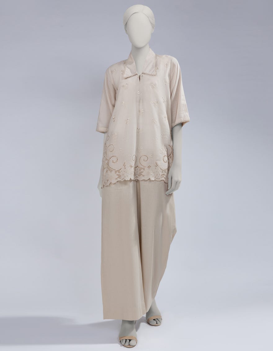 BEIGE LAWN SCHIFFLI CO-ORD SET