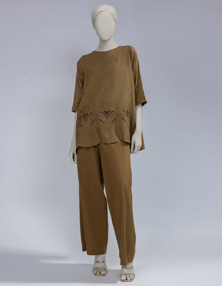 BROWN LAWN SCHIFFLI CO-ORD SET