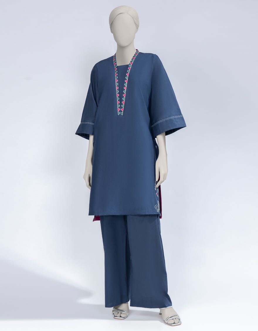 BLUE TEXTURED COTTON EMBROIDERED CO-ORD SET